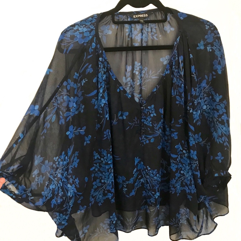 Express Black And Blue Batwing Floral Tunic
